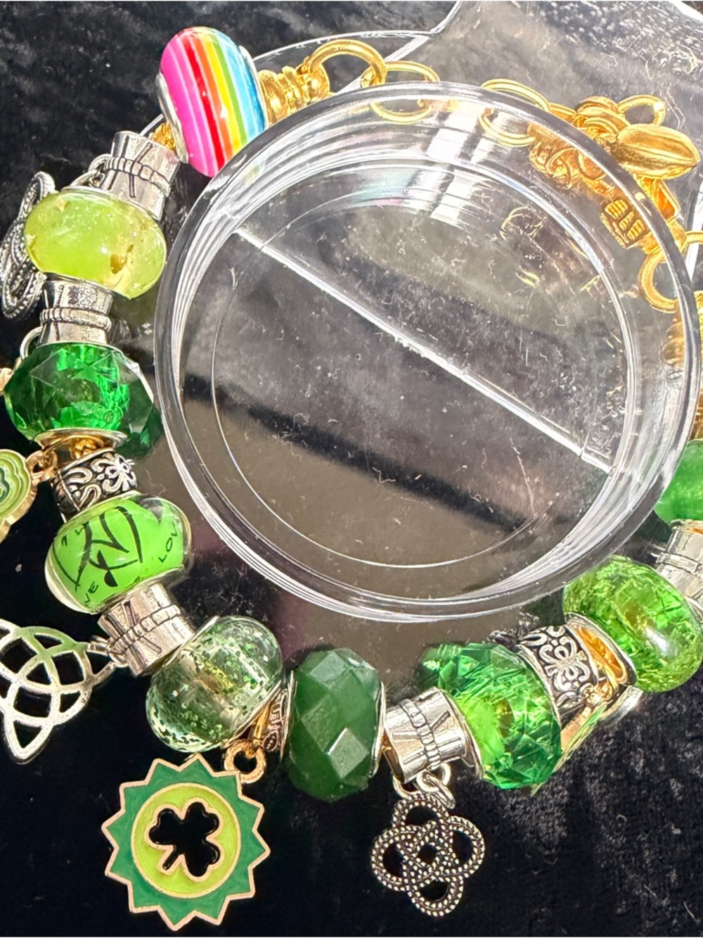 St. Patrick’s Day Lucky Green Bead Charm Bracelet with Silver & Gold Accents